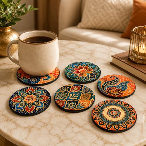 Image of Zesta Coasters for Cups Set of 6 / Wooden Coasters for Bar Accessories for Home /Tea Coaster Set of 6 / Waterproof Dining Table Decor Glass Cover (Mandala, Circle)