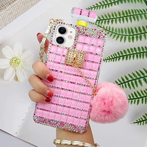 Losin Perfume Case Compatible With Iphone 11 6.1 Inch Luxury Bling Diamond Rhinestone Bow Perfume Bottle Furry Plush Ball Bling Glitter Gemstone Soft Tpu Back Case With Lanyard #TOP2