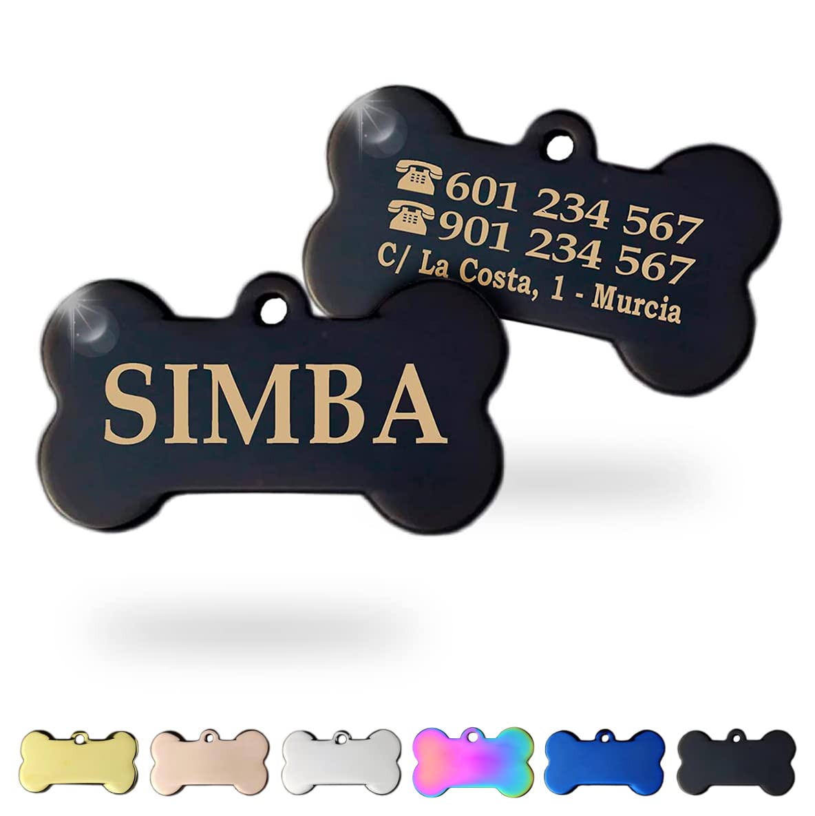Genérico Ibera gifts - Chapa Identificación Personalizada para Perros y Gatos Medianos a Grandes - Acero Inoxidable de colores - Placa Identificativa Mascota Grabada con Nombre para Collar (Negro)