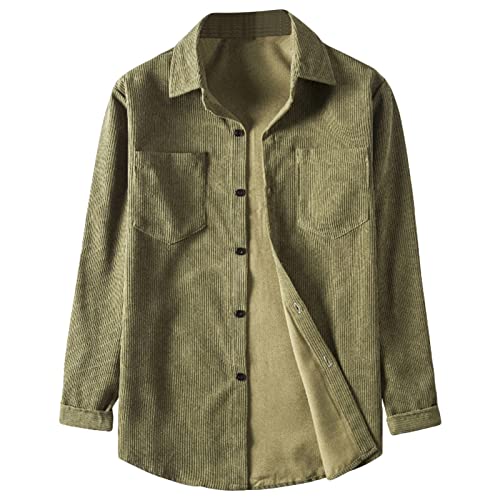 Maiyifu-GJ Mens Long Sleeve Corduroy Shirts Solid Color Button Down Ribbed Fall Tops Lightweight Casual Warm Shacket Jacket (Armygreen,Medium)