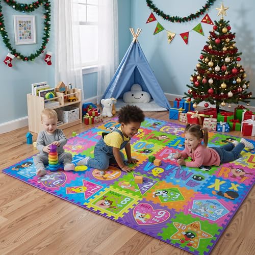 Image of Looney Tunes ABC, Numbers & Shapes EVA Foam Puzzle Mat Non-Toxic Play Mat for Tummy Time, Kids Preschool & Nursery - 36 Tiles, 12x12”, 24 Borders - Educational Playmat for Toddlers & Children, KC Cubs