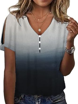 Boho Tops for Women Hippie Cold Shoulder Tops for Women Tops Gradient Casual Womens Summer Tops Short Sleeve Trendy Ladies Tops and Blouses 2024 Womens Casual Blouse Tunic Tops,gradient grey,L, Large