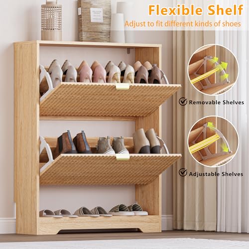 Image of BORNOON Shoe Cabinet with 2 Flip Drawers, Fluted Shoe Storage Cabinet with Adjustable Shelves, Freestanding Rack and Organizer for Entryway, Hallway