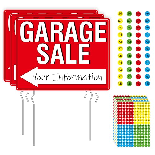 Garage Sale Sign, 3PCS Double Sided Yard Sale Signs with 6 Metal Stakes & 960 Sale Price Labels,...