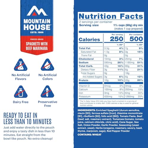 Image of Mountain House Spaghetti with Beef Marinara | Freeze-Dried Food for Camping, 4 Servings, 30-Year Shelf-Life, 2-Pack