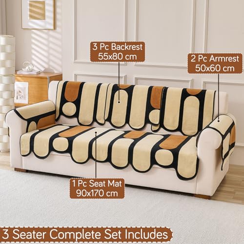 Image of HOKIPO 'Moderna Curves' Complete Sofa Cover Set (Seat+Back+Arm) for 3 Seater Sofa | All Season Sofa Cover Mat with Anti Slip Backing, Oyster Beige (AR-6125+AR-6120 * 2+AR-6309 * 3)
