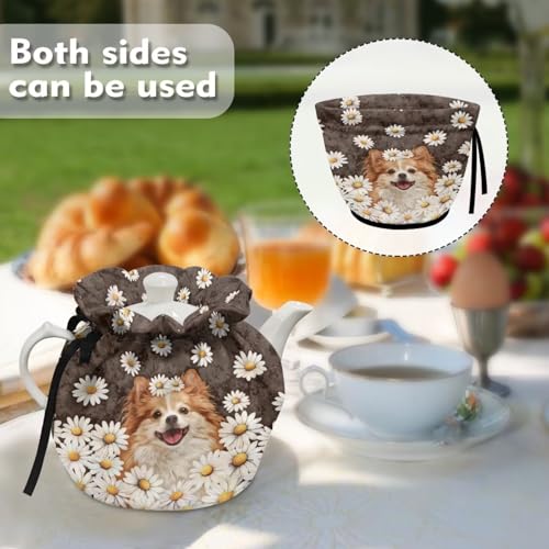 Image of Papillon Daisy Print Tea Cozy for Teapot Insulated Tea Kettle Cosy Drawstring Design Teapot Insulation Cover for Keeping Warm