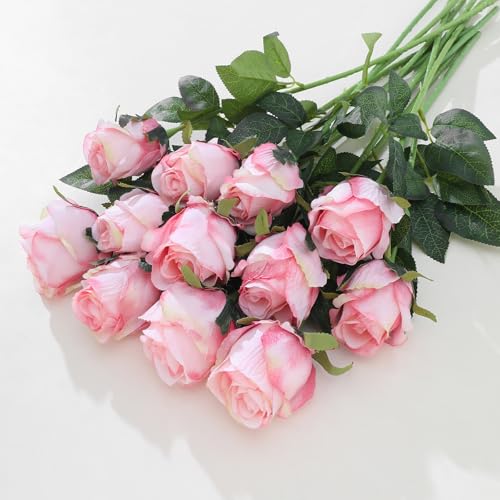 Liluyto 12Pcs Realistic Fake Light Pink Roses Faux Flowers With Long Stems, Artificial Silk Rose Flowers For Valentines Day Home Wedding Decor Bridal Bouquet