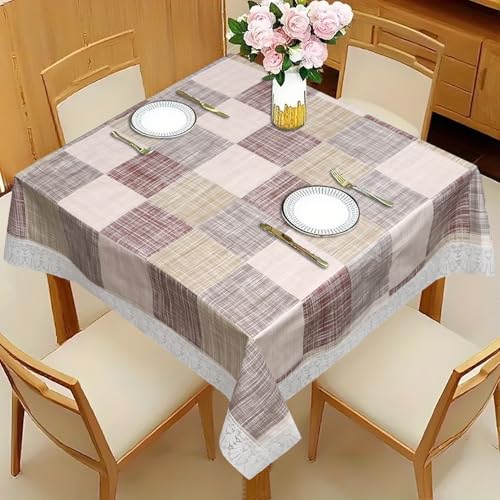 Image of Dakshya Industries PVC Waterproof Square Table Cover 48x48 Inch for 4 Seater Dining Table | Floral Printed Oilproof Stain Resistant Washable Plastic Table Cover, Check