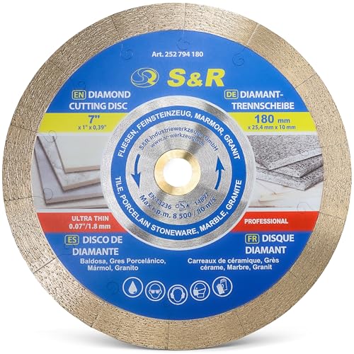 S&R Disque Diamant Carrelage 180 x 25,4 x 10mm. Disque Extra fin (1,6 mm épaisseur). Meule Scie de Table à tronçonner Porcelaine, Carrelage, Grès cérame,...