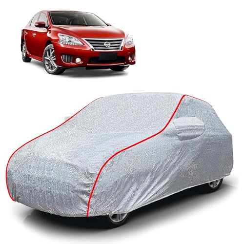 Image of Sulfar 100% Waterproof Car Body Cover Compatible with Mirror for Nissan Pulsar (Triple Stitched, Full Bottom Elastic, Magic Silver with Red Piping)