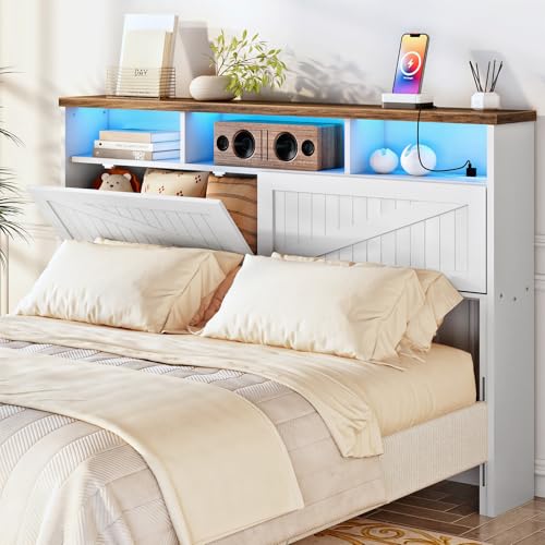 HOOBRO Queen Size Headboard Only with Storage, Farmhouse Queen Headboard Only with Charging Station and Flip-Down Hidden Storage Drawers, Bookcase Headboard with LED Lights, White and Walnut