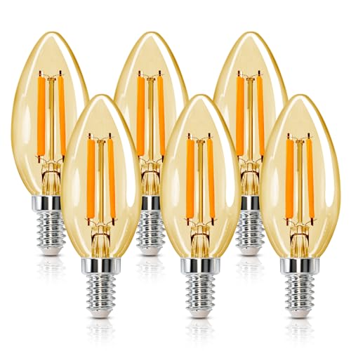 Aigostar Bombilla LED vela Edison, 6W Equivalente a 51W, Casquillo Fino E14, Luz Cálida 2200K, 660 Lúmenes, Bombilla LED Vintage Decorativa C35 de Filamento, No Regulable, Cristal ámbar, Pack 6