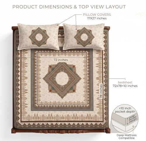 Image of VAS COLLECTIONS 240 TC Cotton King Size Fitted Bedsheet, Premium Soft Breathable Stretchable Mattress Sheet, Skin Friendly Durable Printed Bed Cover for Double Bed, 72 x 78 + 10 Inches - Warm Pearl