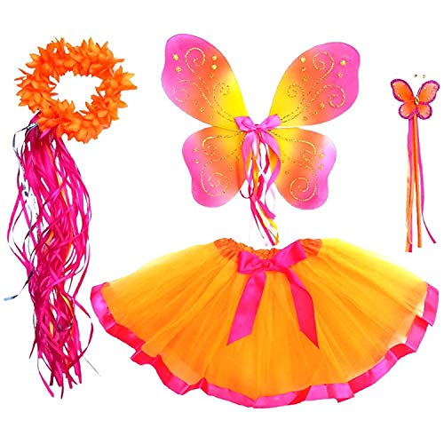 Enchantly Fairy Costume - Fairy Wings for Girls - Butterfly Costume for Girls - Orange and Hot Pink Wings, Tutu, Wand and Halo