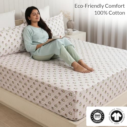 Image of HOMEMONDE Cotton Fitted Sheet Floral Printed Single Size Elastic Fitted Bedsheet with One Pillow Covers |186 TC | (72 X 36 Inches, Peach) | Perfect for Home Decor & Gifting