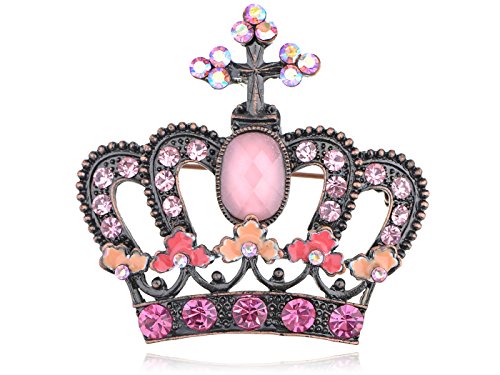Image of Alilang Antique Brass Tone Shiny Pink Crystal Rhinestones Princess Queen Crown Brooch Pin