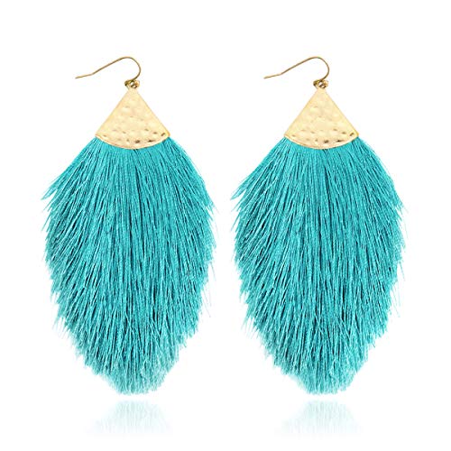 Bohemian Silky Thread Fan Fringe Tassel Statement Earrings - Lightweight Strand Feather Shape Dangles