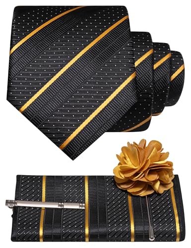JEMYGINS Mens Gold Striped Tie and Lapel Pin Necktie Pocket Square with Tie Clip Sets for Business Casual 4PCS(14)