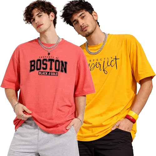 Image of London Hills Printed Cotton Blend Half Sleeve Oversized Men Round Neck Tshirts | T Shirt for Man | Tshirt | Shirts Men | Tshirt for Man | T-Shirt | Pack of 2