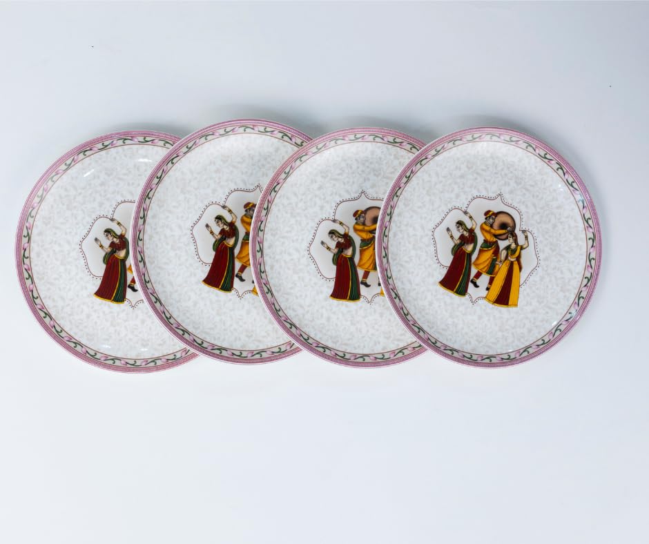 GOLDEN QUEEN'S Bone China Snack Plates Set - Pack of 4|Perfect for Small Bites, Desserts, Appetizers, Salads, Tapas, Cheese Boards|7 inches Wide|Microwave Safe - Dance of Harmony, Multicolor