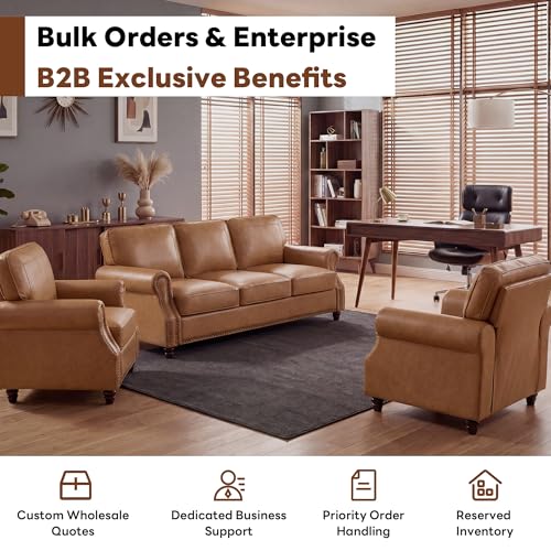 Image of Kingfun Mid-Century Modern Couch, Faux Leather Sofa Set, 3 Seater Couch for Living Room with Rolled arms & Nailhead Trim,Brown