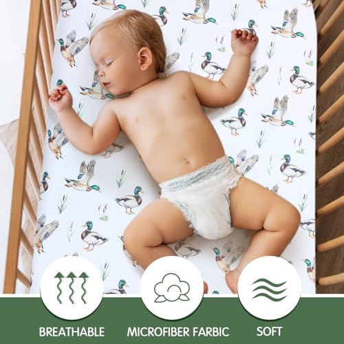 Image of VitalCozy 4 Pcs Mallard Duck Crib Sheet Set Newborn Bedding Nursery Baby Sheets for Girl Boys Baby Gifts for Standard Crib and Toddler Mattresses, 52 x 28 x 8 Inches