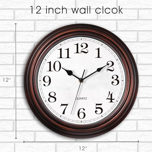 Image of Wall Clock, 12 Inch Vintage Retro Silent Quality Wall Clocks Battery Operated Non-Ticking, Round Decorative Kitchen Home Office Bedroom Living Room(Bronze)