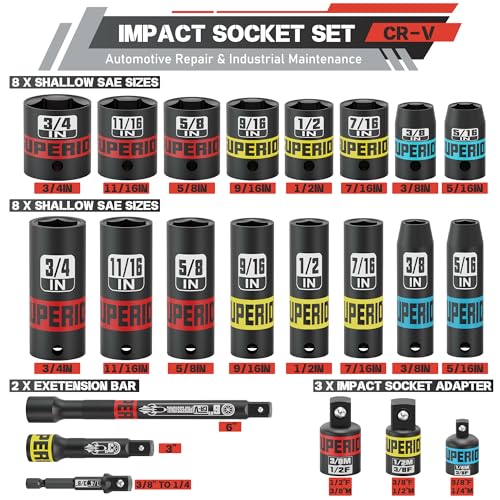 Image of 50 Piece 3 /8 inch Drive Impact Socket Set, SAE (5 /16 inch-3 /4 inch) and Metric (7 mm-19 mm), Deep & Shallow Sockets with Extension Bars, Adapters, Automotive Repair & Industrial Maintenance