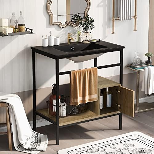 JUOFONE 30" Bathroom Vanity with Single Sink, Modern Bathroom Storge Cabinet with Door and Open Shelves, Freestanding Bathroom Sink Vanity Combo, Metal Frame, Easy Assemble, Black