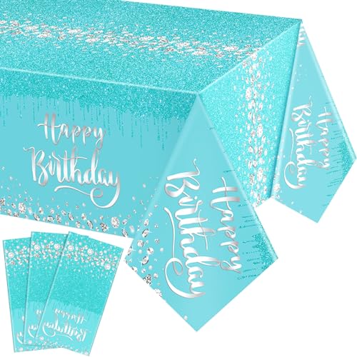 HunnmingRe 3 Pcs Teal Happy Birthday Tablecloths Plastic 54x108 Inches