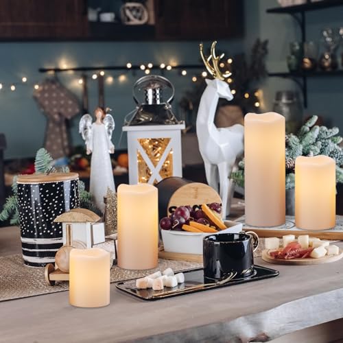 Image of Eldnacele Waterproof Flameless Flickering Candles with Remote and Timer, Battery Operated LED Pillar Candles Indoor Outdoor White Plastic Candle Pack of 4 Wedding Dinner Home Decor, D3 x H4 5 inch 6 inch 8 inch