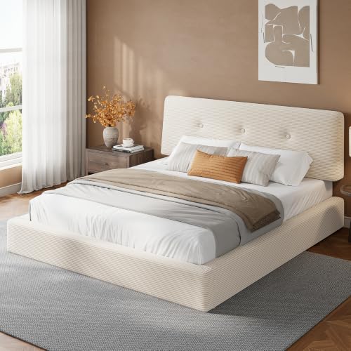 Image of EnHomee Upholstered Platform Bed Frame, Queen Size, Low Profile, White