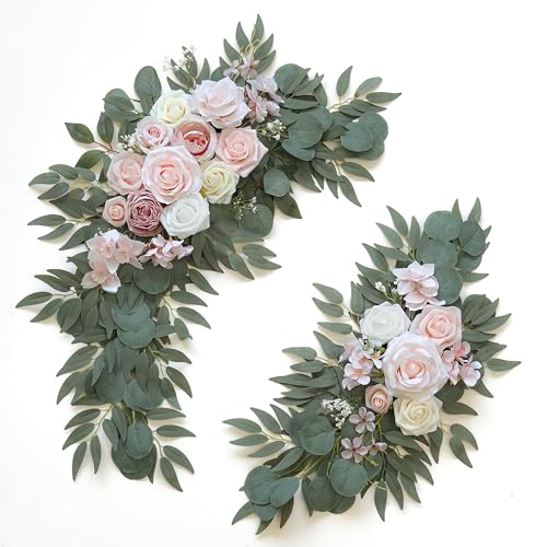 PITAKELLO Pink Artificial Wedding Arch Flowers Kit (Pack of 2), Faux Flower Swag Welcome Signs Floral Flower Garland for Wedding Reception Entrance Welcome Sign Ceremony Reception Backdrop