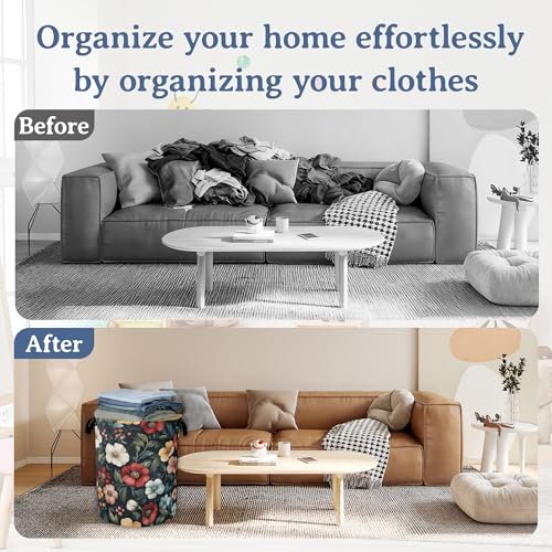 Image of Floral Boho Laundry Basket,Foldable Oxford Cloth Pink Flower Vintage Laundry Hamper with Handles, 20.8 inchx16 inch Tote Bag Clothes Storage Bucket for Laundry Room /Bathroom /Bedroom /Dormitories