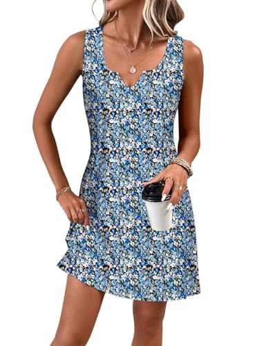Tanmolo Damen Sommerkleider Leicht und Luftig kurz Strandkleider im Swing-Stil mit Blumenmuster Ärmelloses (Blaue Blumenmuster XL)