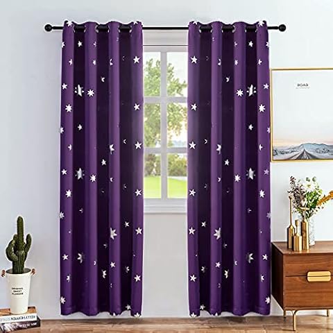 Anjee Blackout Purple Curtians for Bedroom 84 Inches Length Stars Silver Foil Print Blackout Curtain Kids Room Darkening Window Drapes Thermal Insulation Drapery 2 Panels,Purple W52xL84 Cover