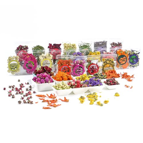 natural dried fruit and flower kit for diy crafts - 25 bags ideal for soap making candle making resin jewelry bath bombs and nail art - includes rose petals rosebuds lilium jasmine and more