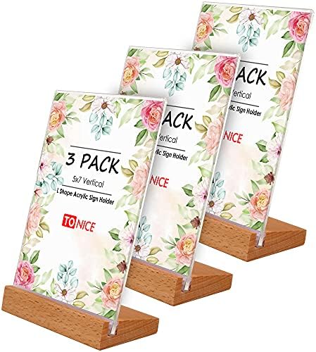 TONICE® 3 Pack 5x7 Acrylic Sign Holder Slant Back Design L Shape Clear Acrylic Frames Wood Base, Table Menu Display Stand Flyer Display for Desk Display (Optional 8.5x11/5x7 Inch L/T Shape)