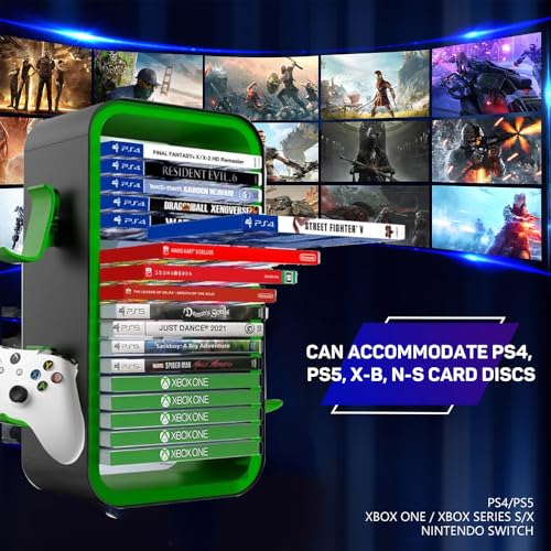 Image of Game Storage Tower Compatible with PS5 / Xbox Series S & X /Switch, Universal Game Ray Disks Organizer, Stores 18 Game, with 4 Controller Holders, Video Game Organizer, Green