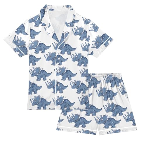 Cartoon Triceratops Pattern Summer Satin Pajama Set, Cute Button-Down Sleepwear Pj Set for Sleep Wears