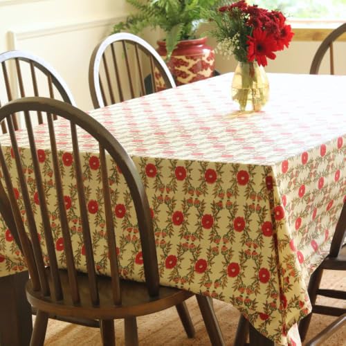 Image of THE YARD HOUSE Wipeable & Anti-Slip Hand Block Printed Cotton Table Cover - Field of Poppies, 6 Seater Rectangle (60 inch x 90 inch) Ideal for Families - Protects Against Spills, Scratches, and Damage.