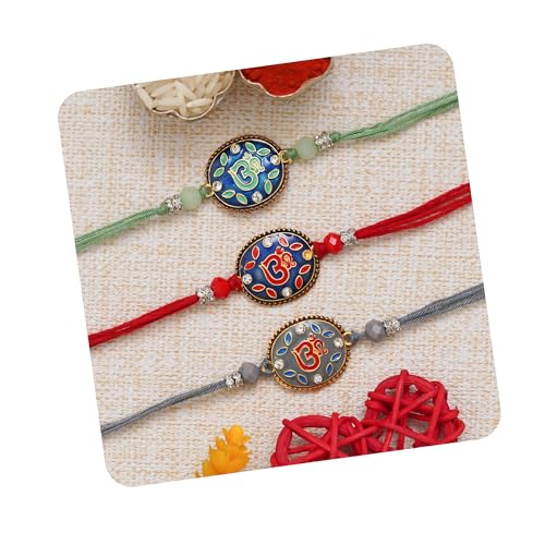 Image of eCraftIndia Set of 3 Pearl Diamond Rudraksha Designer Rakhis for Brother Bhaiya Bhai | Roli Chawal Pack | Raksha Bandhan Rakhi
