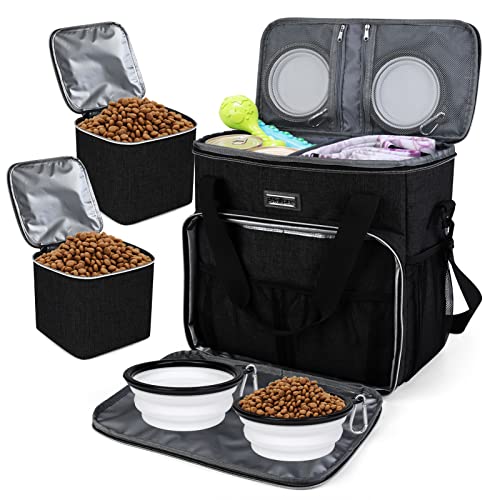 BAGLHER Dog Travel Bag with 2 Pet Food Containers and 2 Collapsible Silicone Bowls, Essential Kits for Pet Travel Black