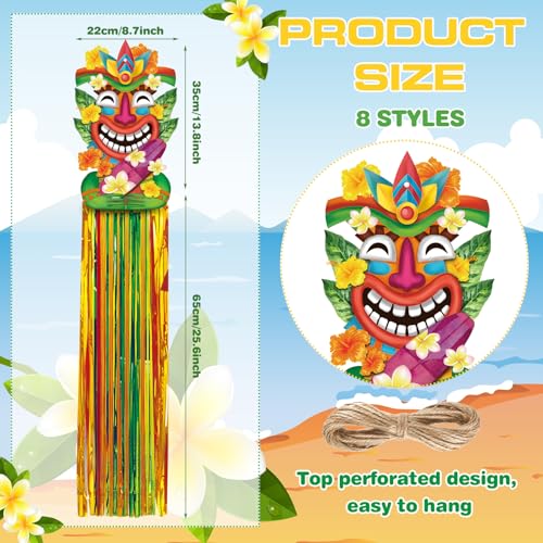 Image of Affrolling 8 Pcs Hawaiian Luau Party Decoration Tiki Totem Hanging Decorations with Tassels for Aloha Hawaii Luau Tropical Birthday Party Supplies 3.3 ft Outdoor Summer Tiki Door Banner Sign Decor