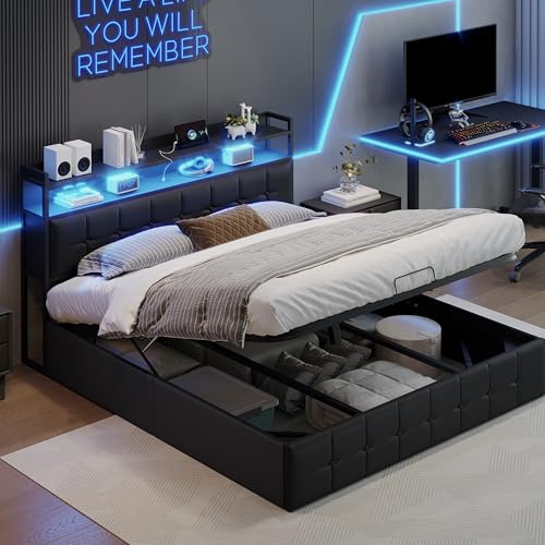BRILVERDE Polsterbett 160x200 Doppelbett mit Stauraum-Kopfteil, Jugendbett mit LED/USB, Hydraulisch Stauraumbett, Bettgestell mit Lattenrost, Funktionsbett, PU (Schwarz, 160 x 200 cm)