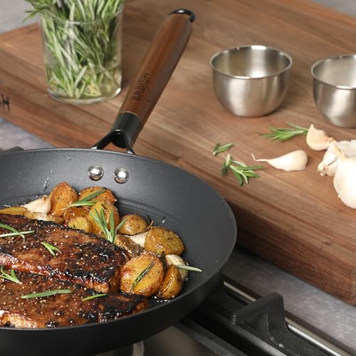 Image of Babish 11 Inch Cast Iron Skillet with Wooden Handle, Pre-Seasoned Nonstick Pan with Honeycomb Textured Cooking Surface, Induction Oven Safe Skillet for Searing, Frying Eggs, Steak and Stir Fry