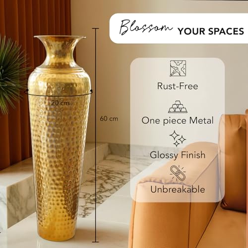Image of Nostrae by Ekhasa Tall Big Metallic Flower Vase for Home Decor | Long Flower Vase Gift for Weddings, Housewarmings | Large Decorative Sofa Side Metal Vase for Living Room, Office & Bed Corner