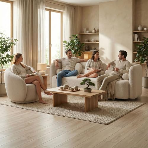Image of Modern Curved Sofa Sets for Living Room Furniture, 3 Seater Couch + Swivel Barrel Chair Curved Back Boucle Fabric Solid Wood Frame Single Sofa Chair With 4 Pillows Curve Sofa 2 Piece Sofa Set