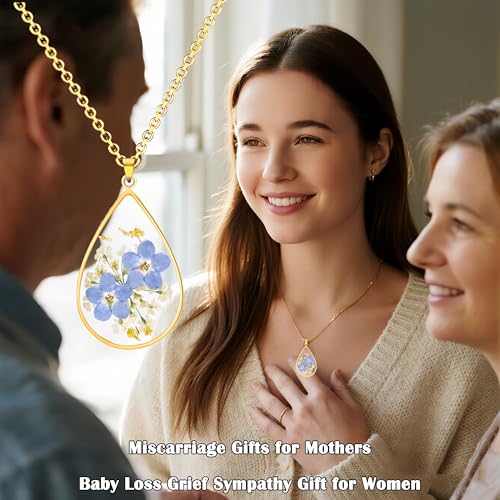Image of Miscarriage Gifts for Mothers, Forget Me Not Pressed Flowers Necklace, Baby Loss Grief Sympathy Gift for Women, Child Loss Memorial Gifts Jewelry